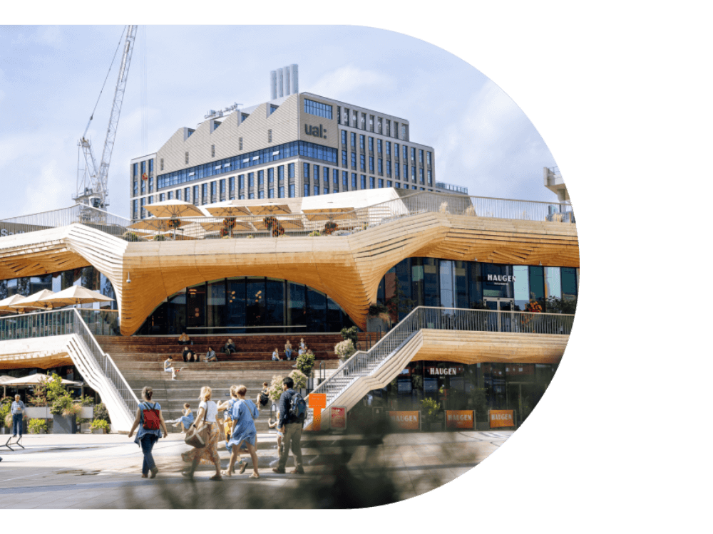 The Pavilion at Stratford Cross with UAL in the background.