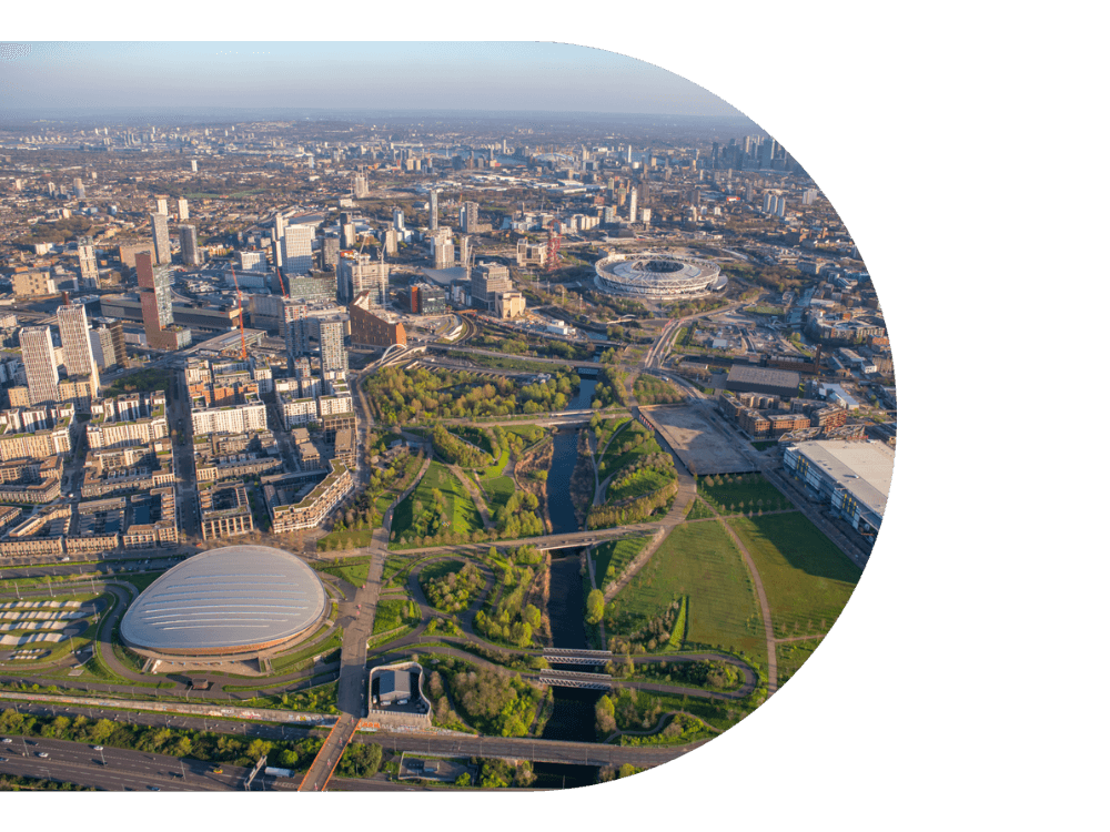 An aerial view of Stratford including the Velopark and London Stadium.