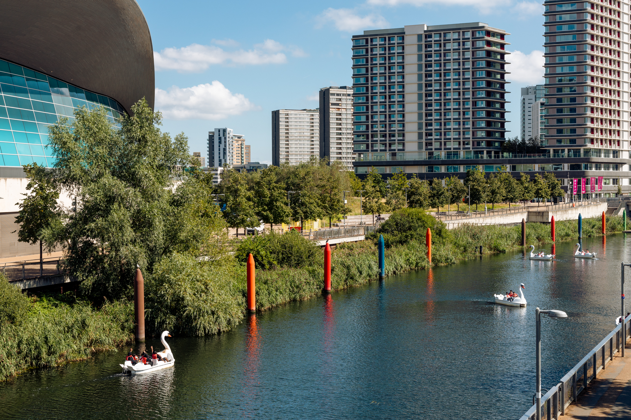 Swan pedalos on the river outside Stratford Cross.