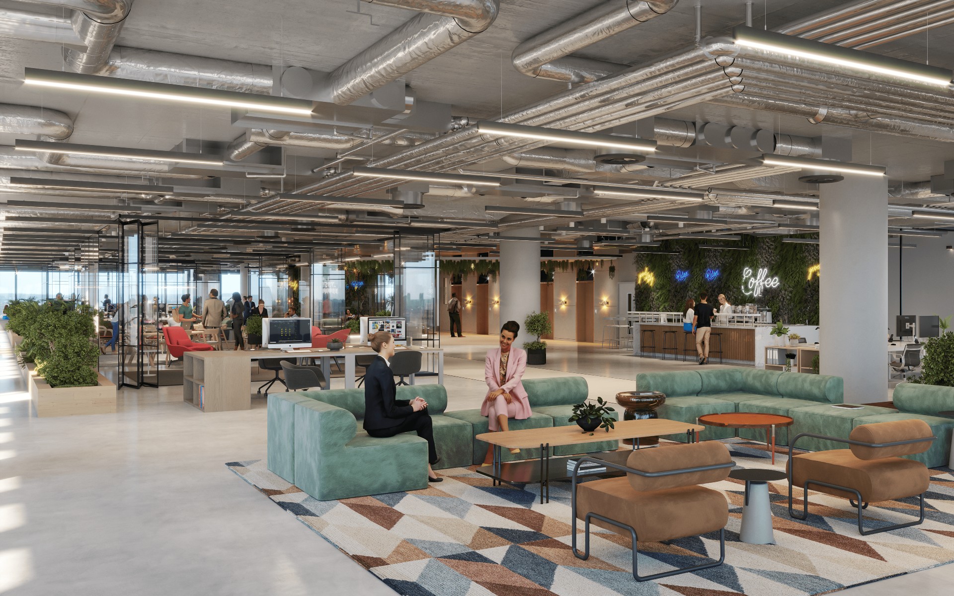 A CGI of people using an open plan office.