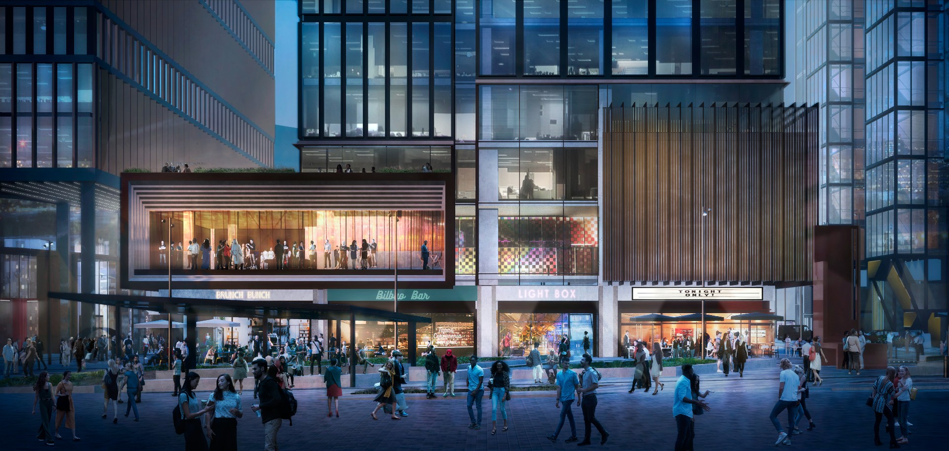 A CGI at night of the retail buildings which will be available at Stratford Cross.